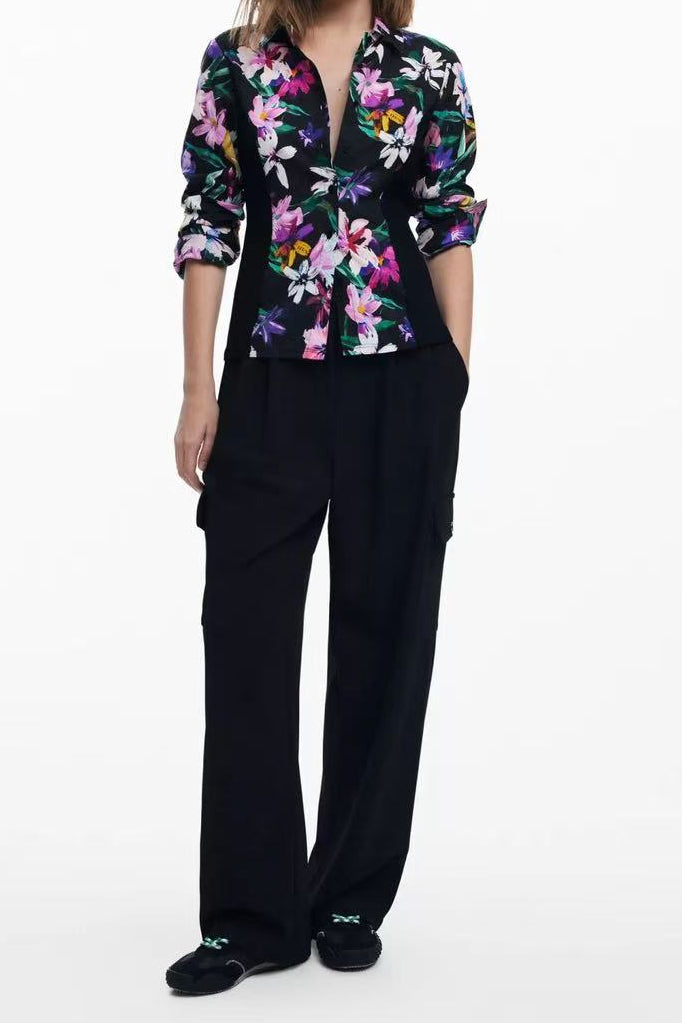 Black Vibrant Floral Print Long Sleeve Button-Down Shirt
