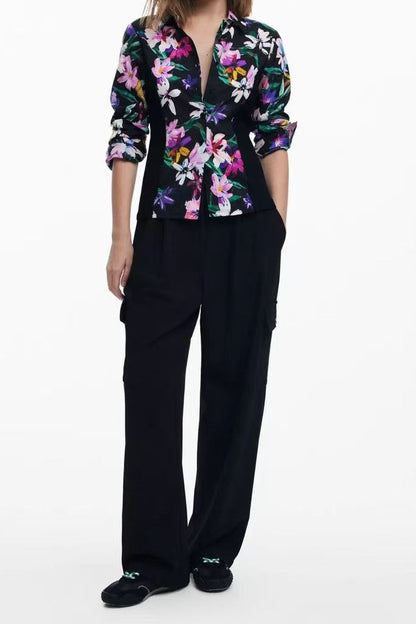 Black Vibrant Floral Print Long Sleeve Button-Down Shirt