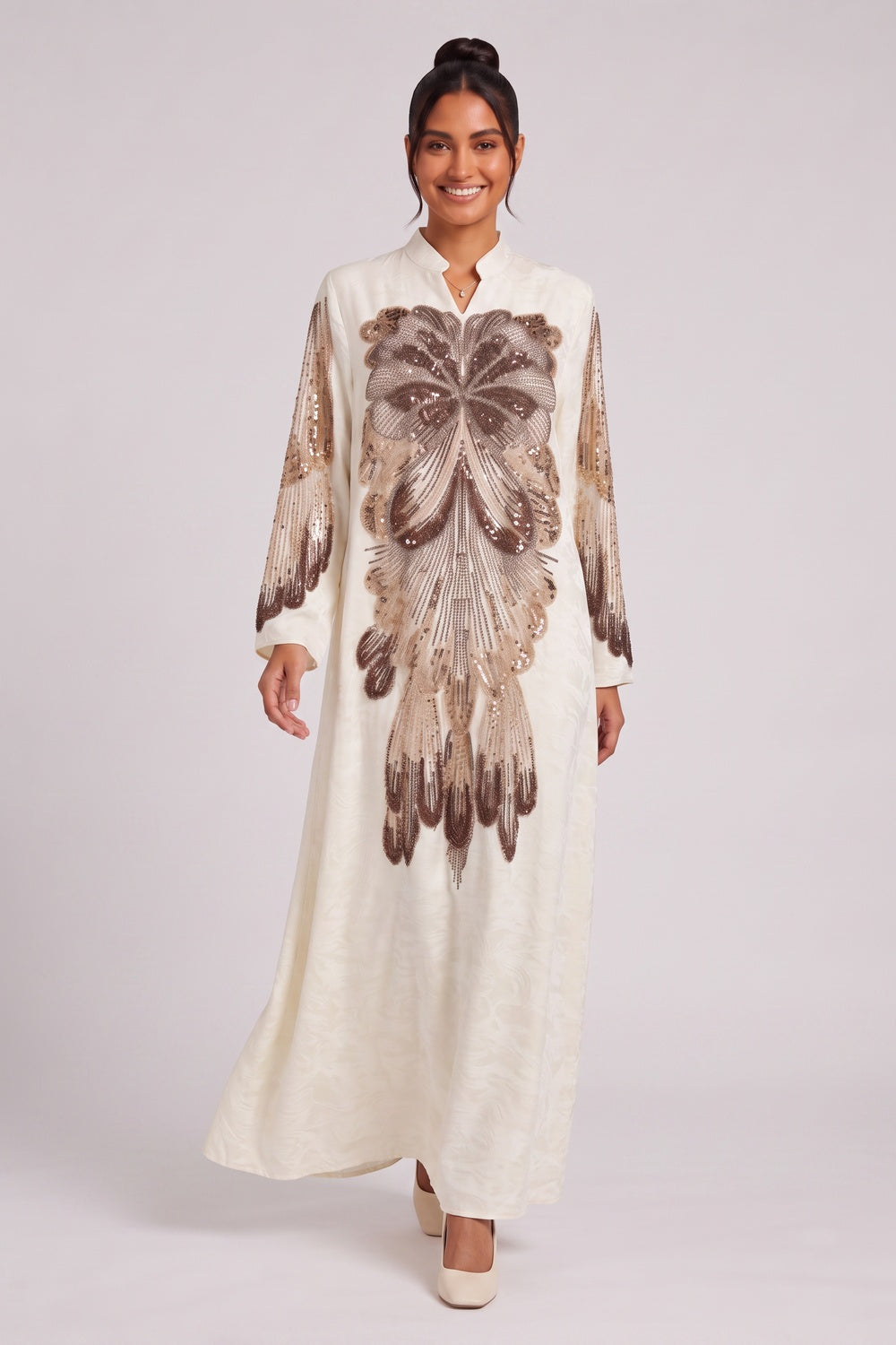 Cream Textured crepe or raw silk A-line Kaftan dress Cream Textured crepe or raw silk Kaftan dress - product view 4