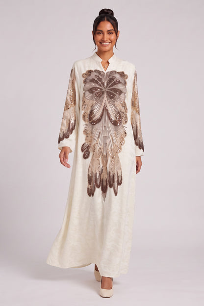 Cream Textured crepe or raw silk A-line Kaftan dress Cream Textured crepe or raw silk Kaftan dress - product view 4