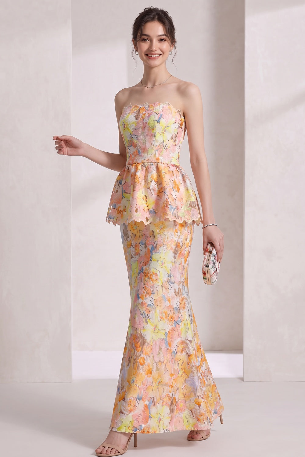 Yellow Laser-Cut Lace Column with Peplum Gown yellow, pink, orange laser-cut lace gown - product view 2