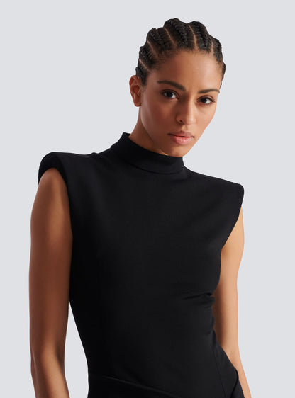 black Sleeveless Zipper high Slit Elastic jersey maxi Dress