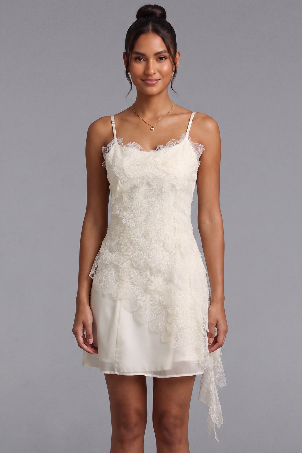 White Ruffled Lace Mini Slip Dress Premium Fabric - product view 3