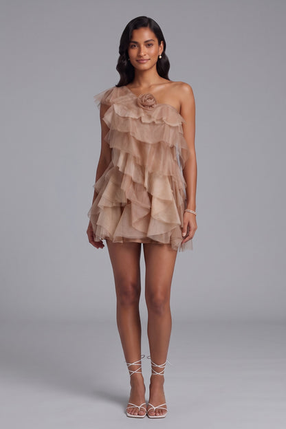 Taupe Tulle A-Line Tiered Mini Dress taupe tulle mini dress - product view 2