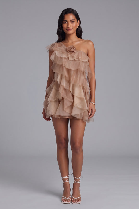 Taupe Tulle A-Line Tiered Mini Dress taupe tulle mini dress - product view 2