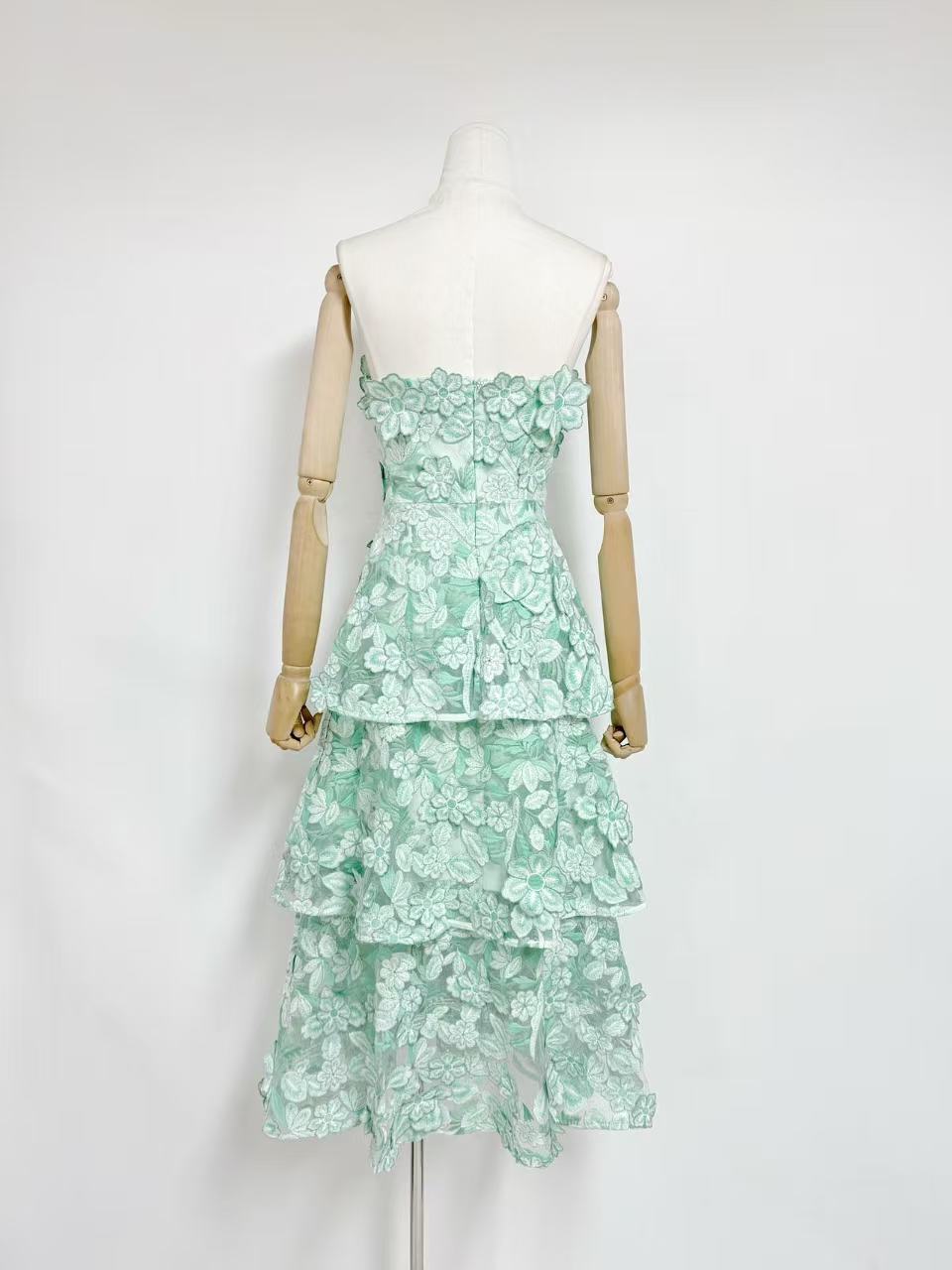 Mint Green 3D Floral Applique Lace A-Line Tiered Dress