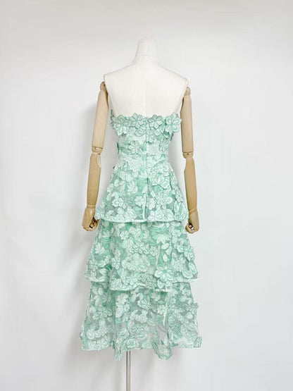 Mint Green 3D Floral Applique Lace A-Line Tiered Dress