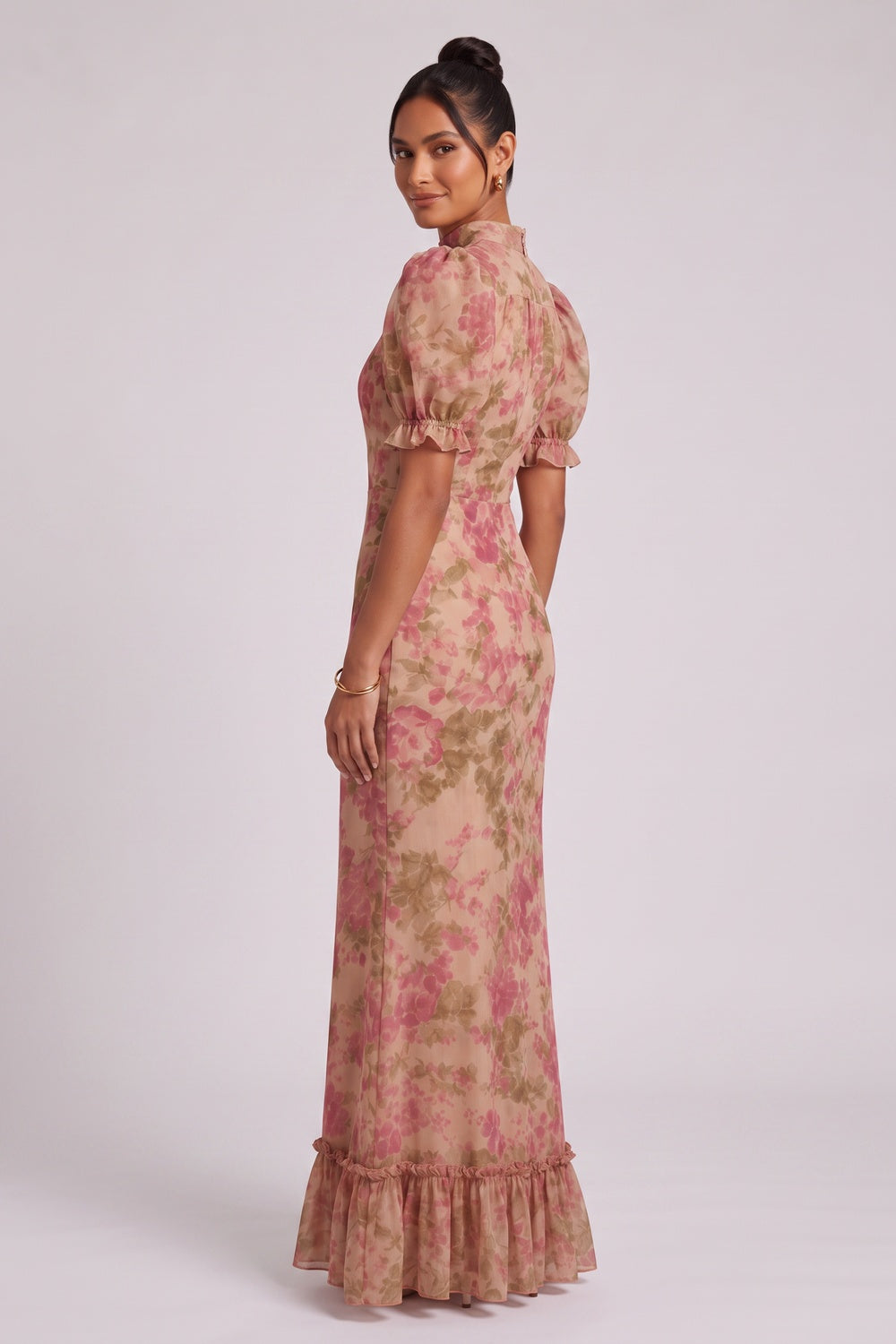 Beige Chiffon Mermaid Dress with Floral Print and Puff Sleeves beige chiffon dress - product view 4