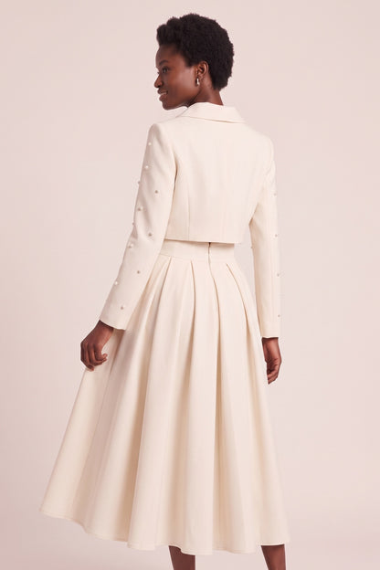 Pearl Embellished Collar Crop Blazer &amp; High Waist Pleated Midi Skirt Two Piece Set
