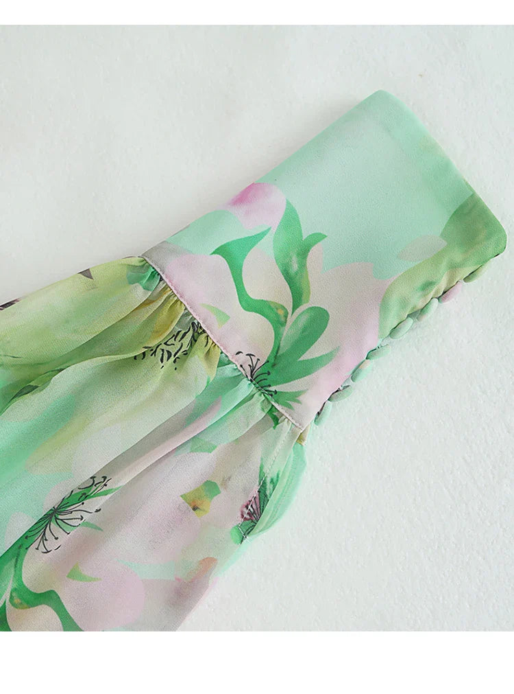V Neck floral print chiffon maxi dress in green