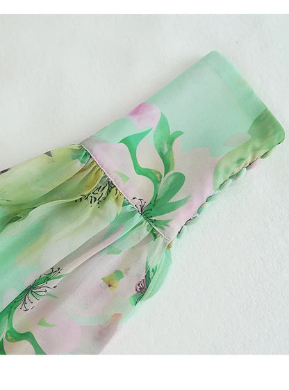 V Neck floral print chiffon maxi dress in green