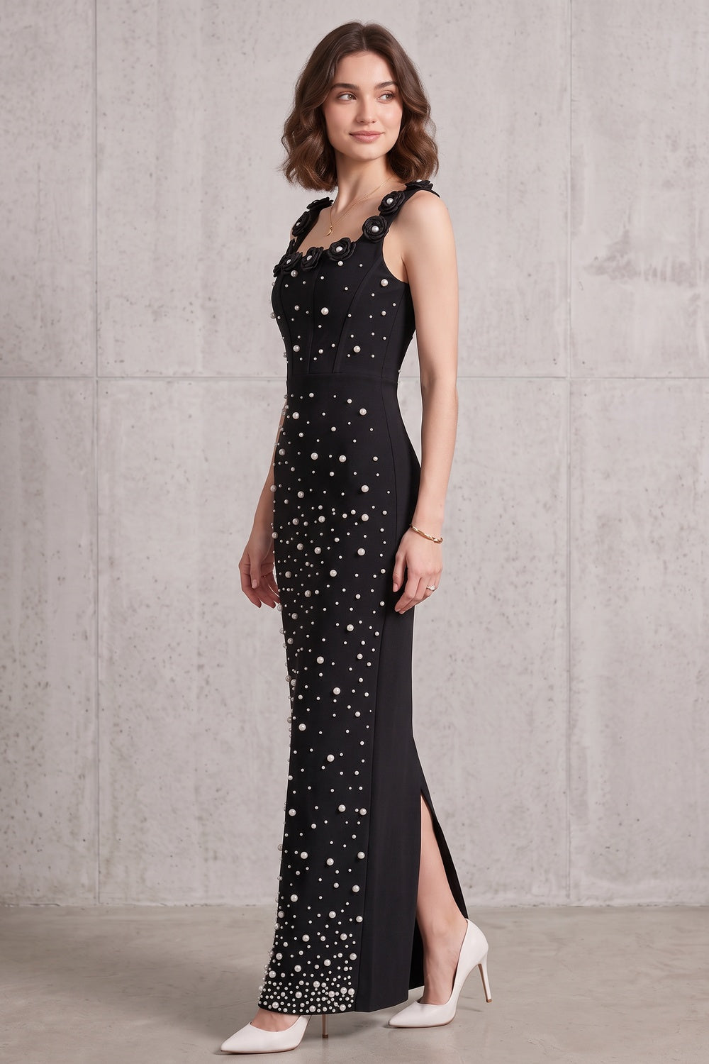 Black Heavyweight Stretch Knit Column Maxi Dress with Pearl Embellishments black heavyweight stretch knit maxi dress - product view 4