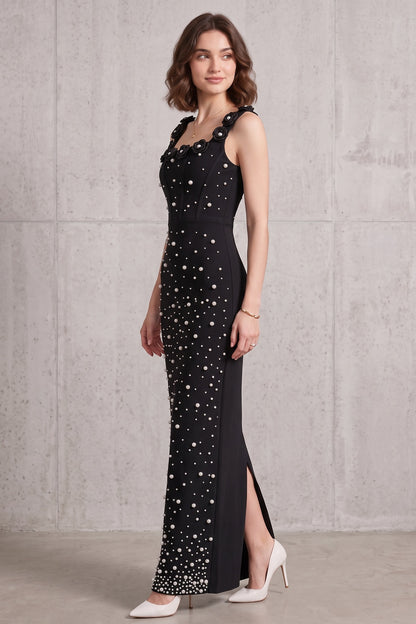 Black Heavyweight Stretch Knit Column Maxi Dress with Pearl Embellishments black heavyweight stretch knit maxi dress - product view 4