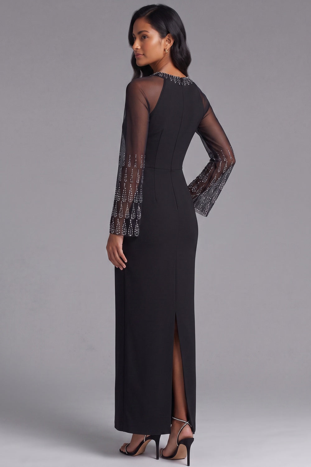 Black Heavy Stretch Crepe Sheath Maxi Dress with Sheer Embellished Sleeves black heavy stretch crepe dress - product view 3