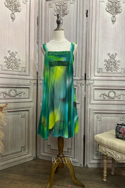 Silk Printed Midi Dress In Green