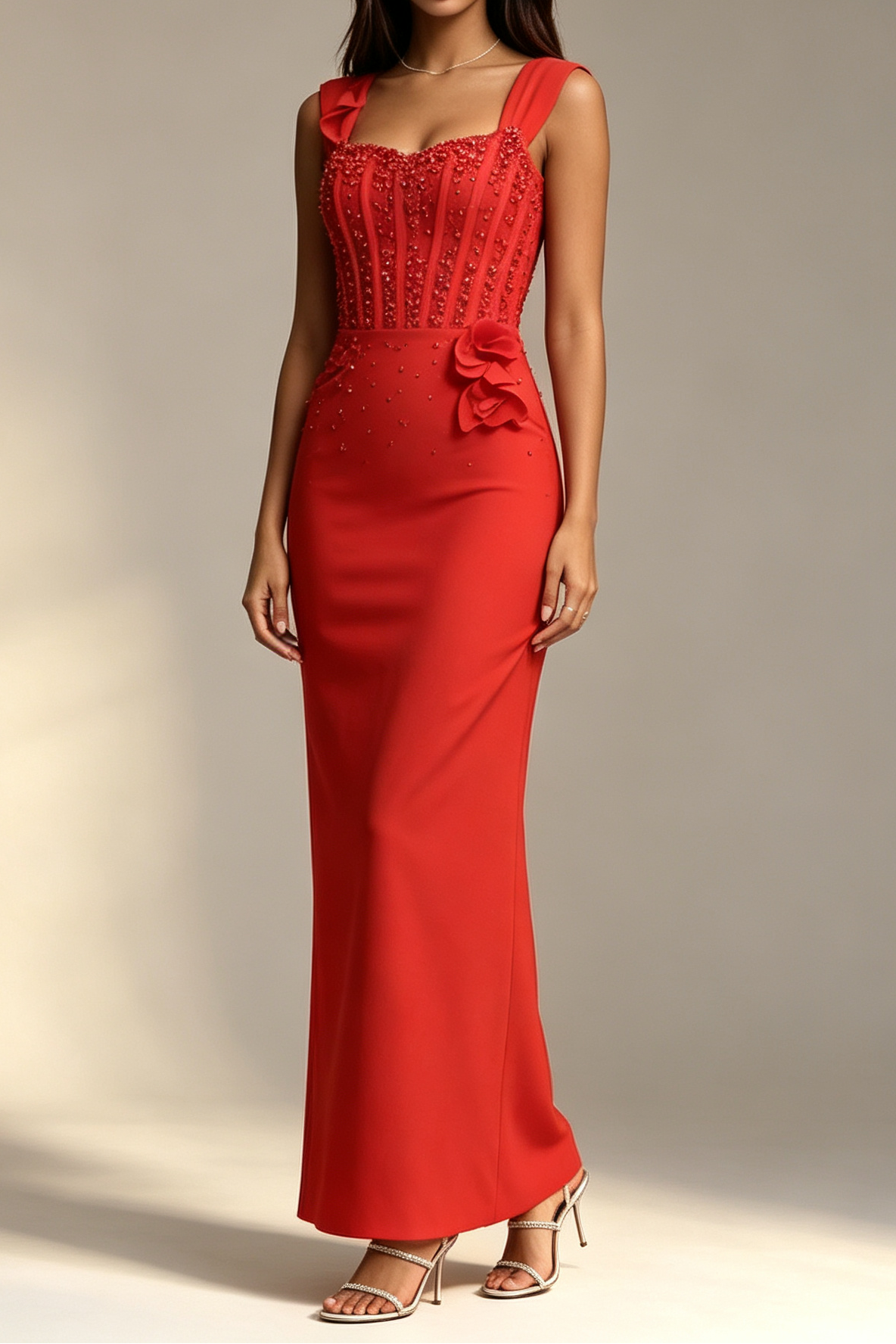 Red Square Neck Sleeveless Corset Beaded 3D Floral Bodycon Mermaid Maxi Dress