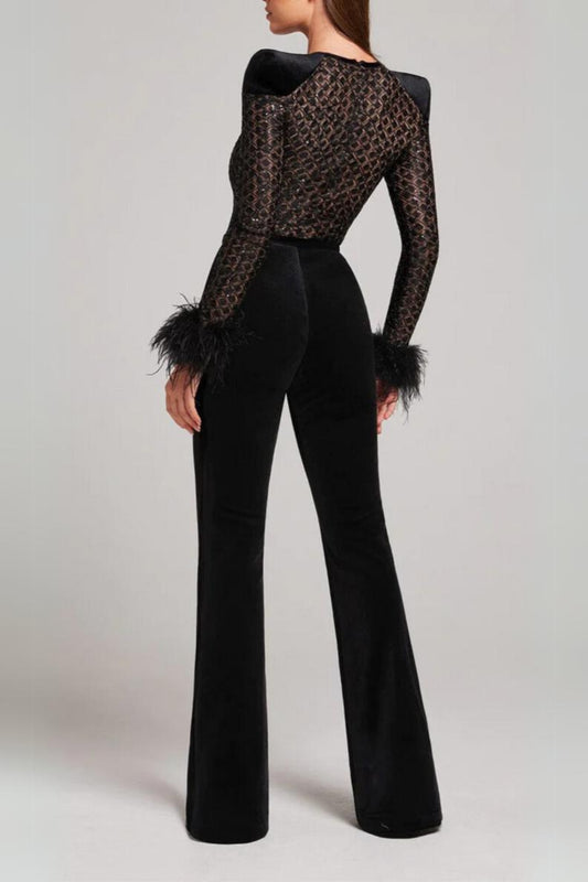 BLACK FEATHER SEQUIN JUMPSUIT