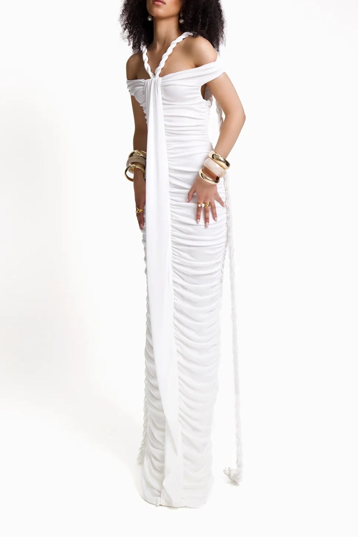 Bandage off shoulder maxi dress in white