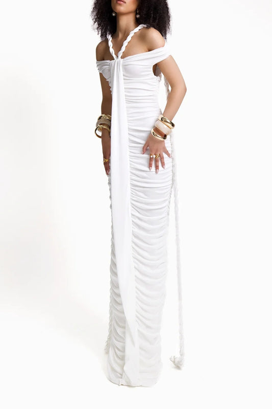 Bandage off shoulder maxi dress in white