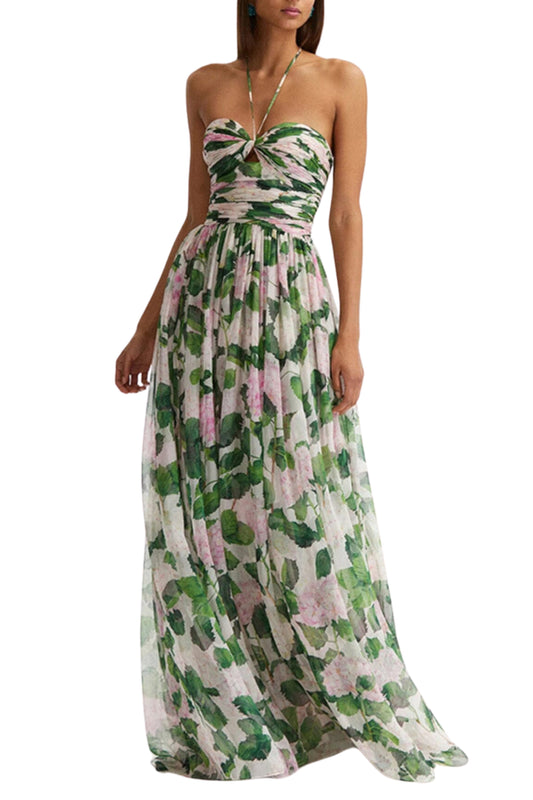 FLORAL HALTERNECK MAXI DRESS IN GREEN