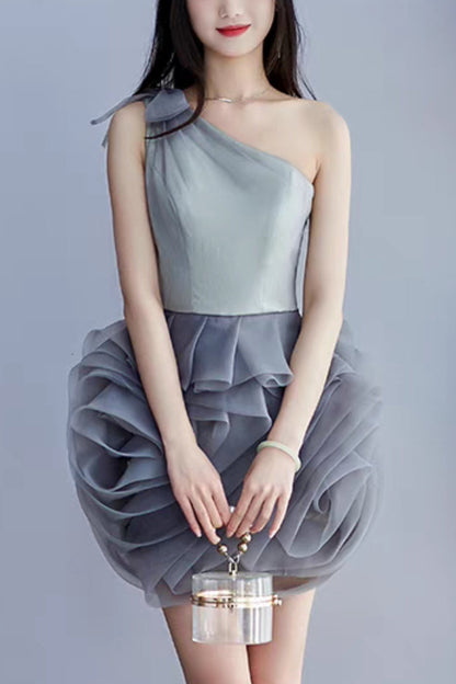 ONE SHOULDER MESH MINI DRESS IN GREY
