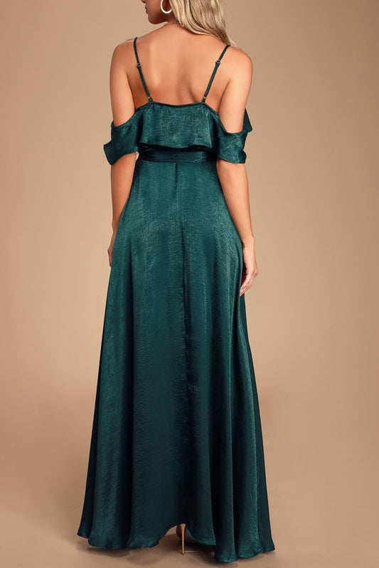 Moriah Emerald Green Satin Wrap Maxi Dress