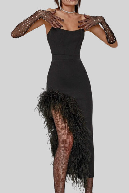 FEATHER HIGH-LOW DRESS IN BLACK