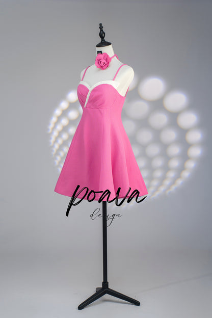 STRAP MINI DRESS WITH ROSE IN HOT PINK