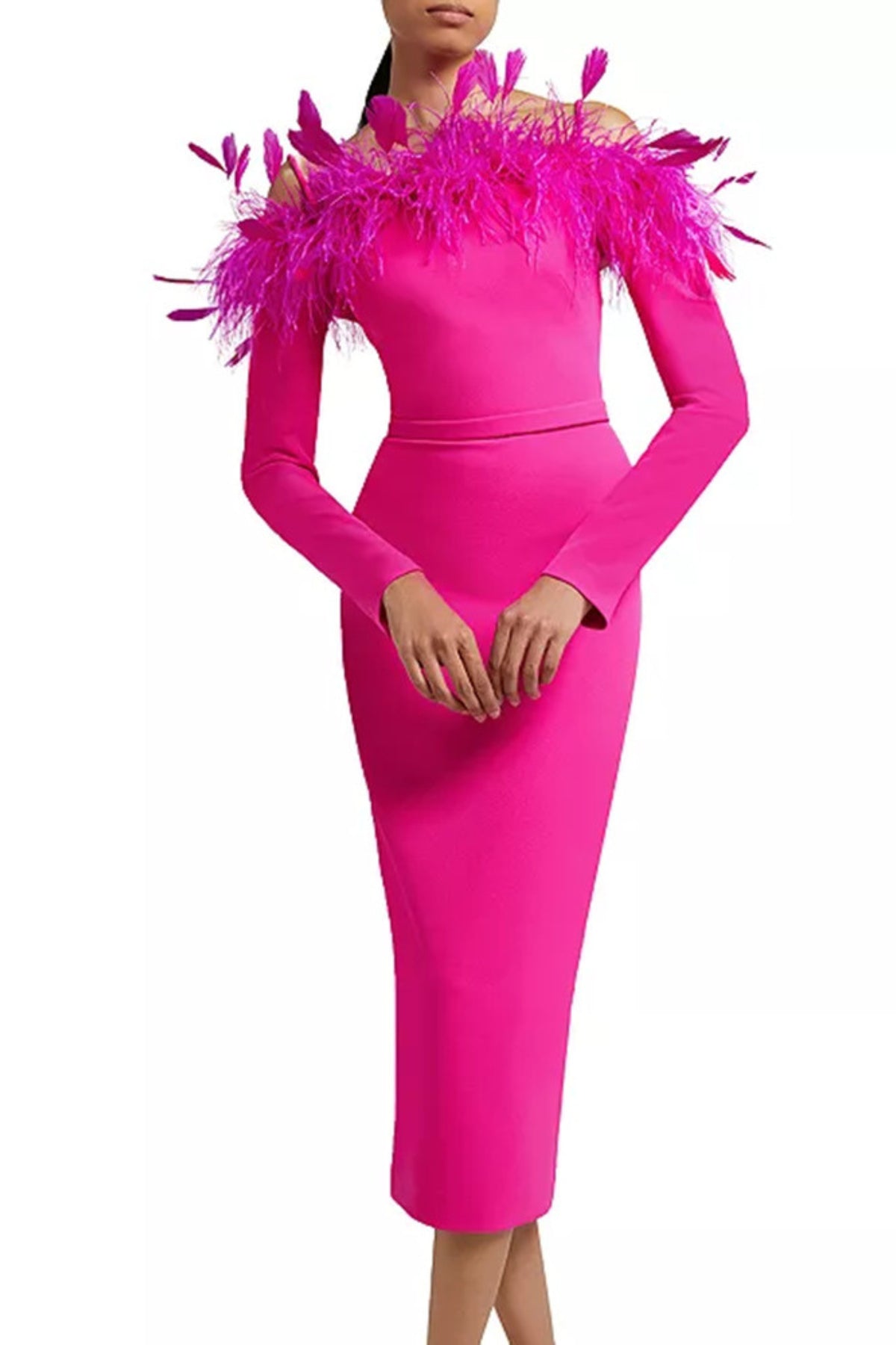 Feather backless midi dress in pink