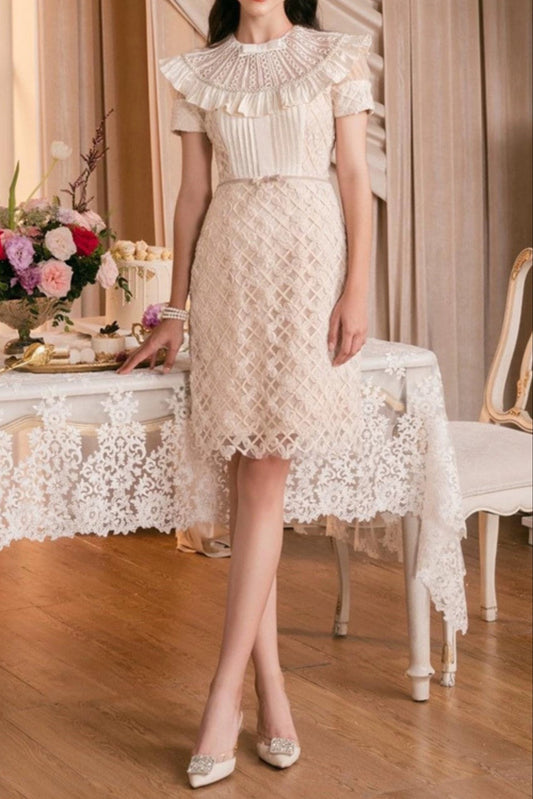 RUFFLES EMBROIDERY MIDI DRESS IN WHITE