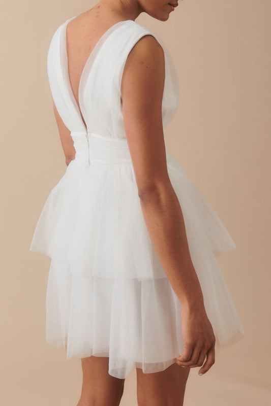 Tulle V line mini dress in white