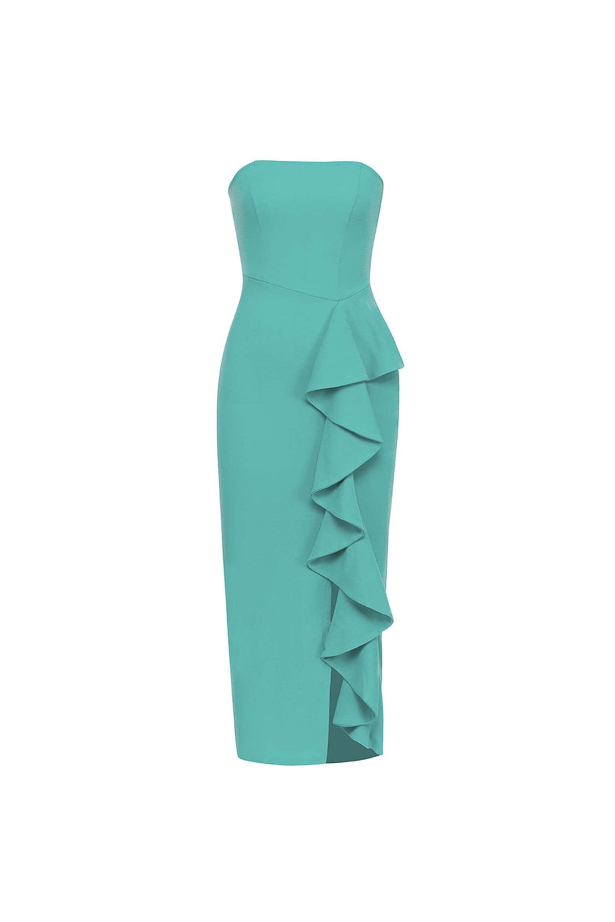 BANDEAU RUFFLES MIDI DRESS IN GREEN
