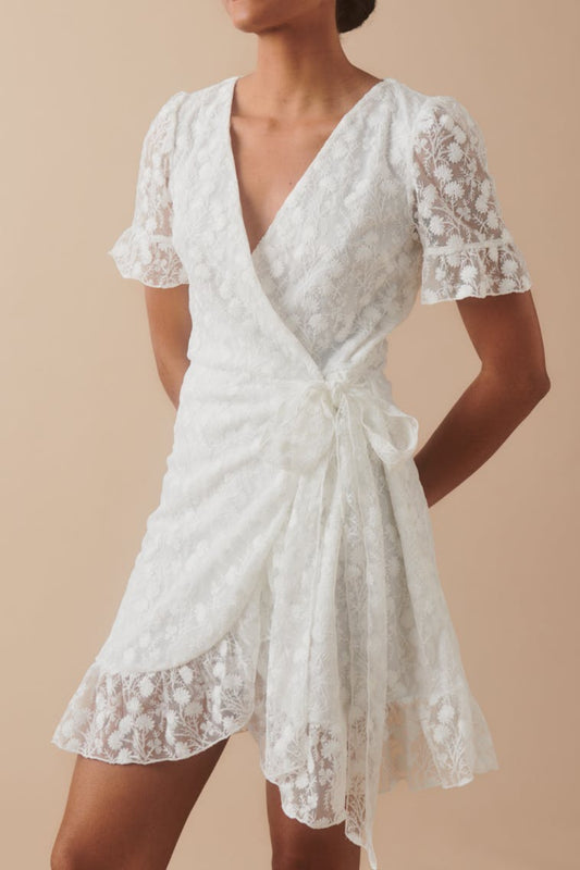 Lace  floral wrap mini dress in white