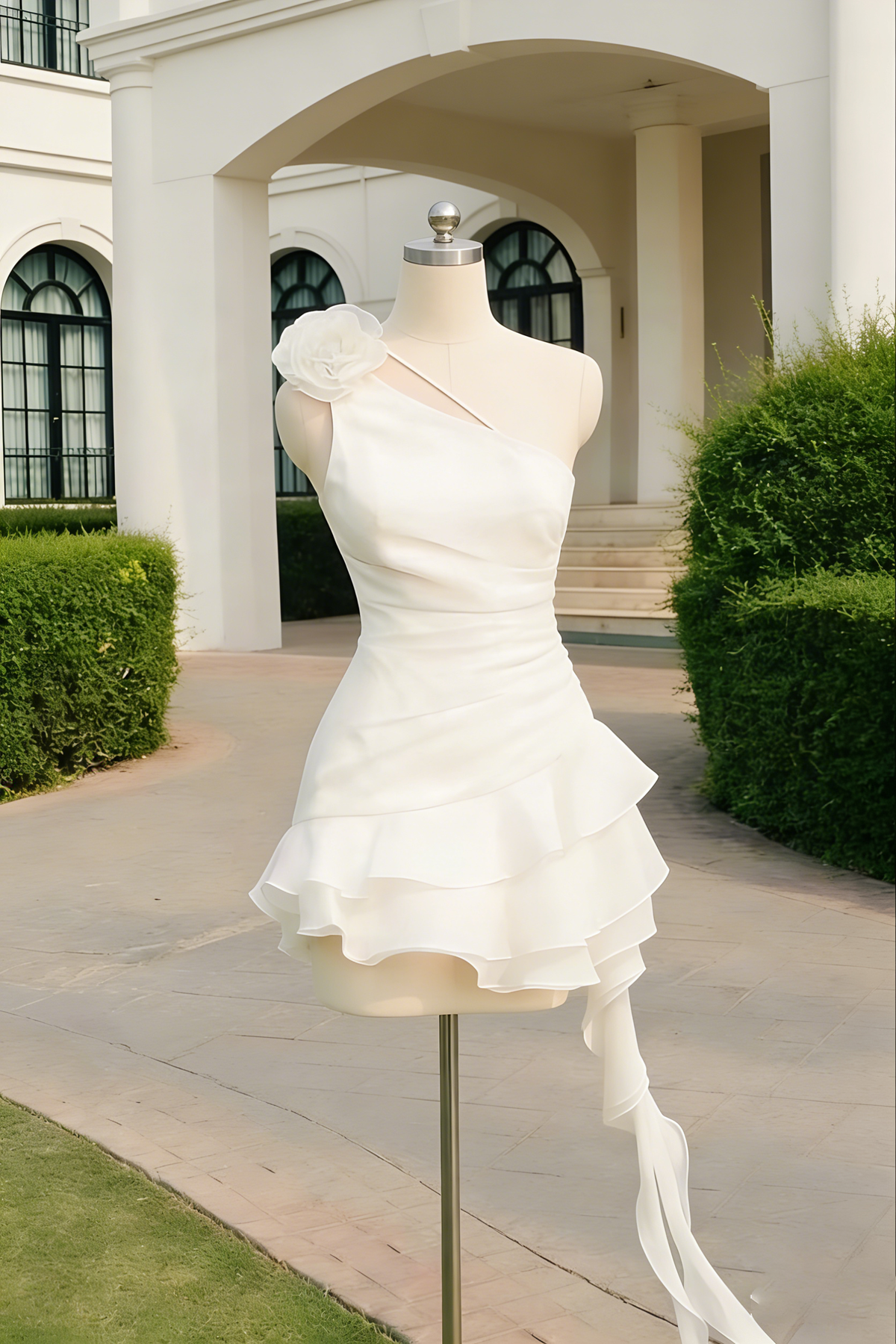 Flower one shoulder ruffle mini dress in white