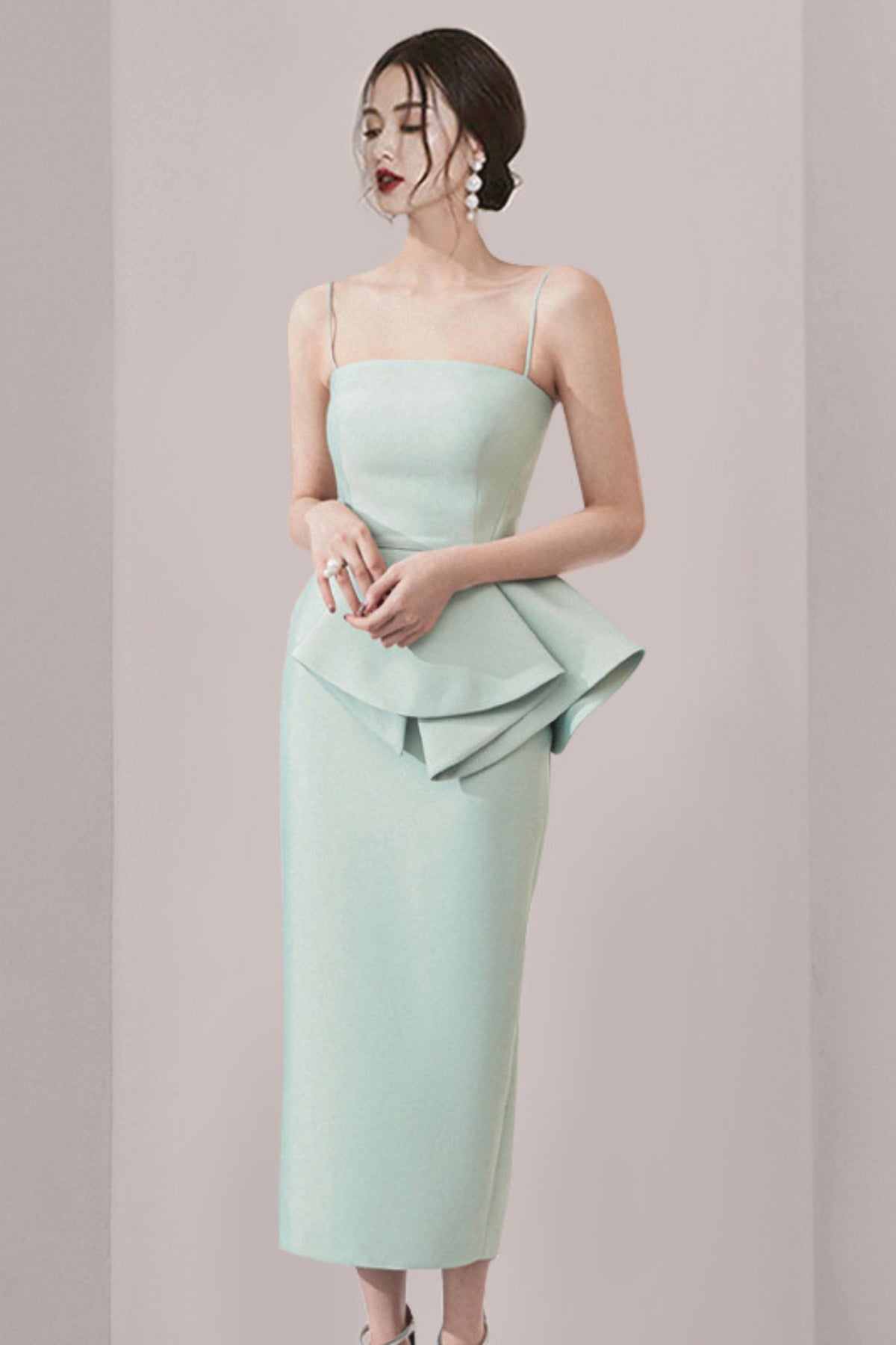 RUFFLE HIP WRAP MIDI DRESS IN MINT GREEN