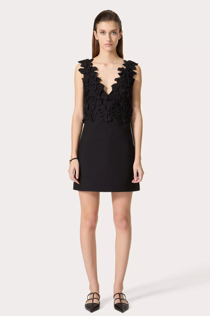Floral V neckline mini dress in black
