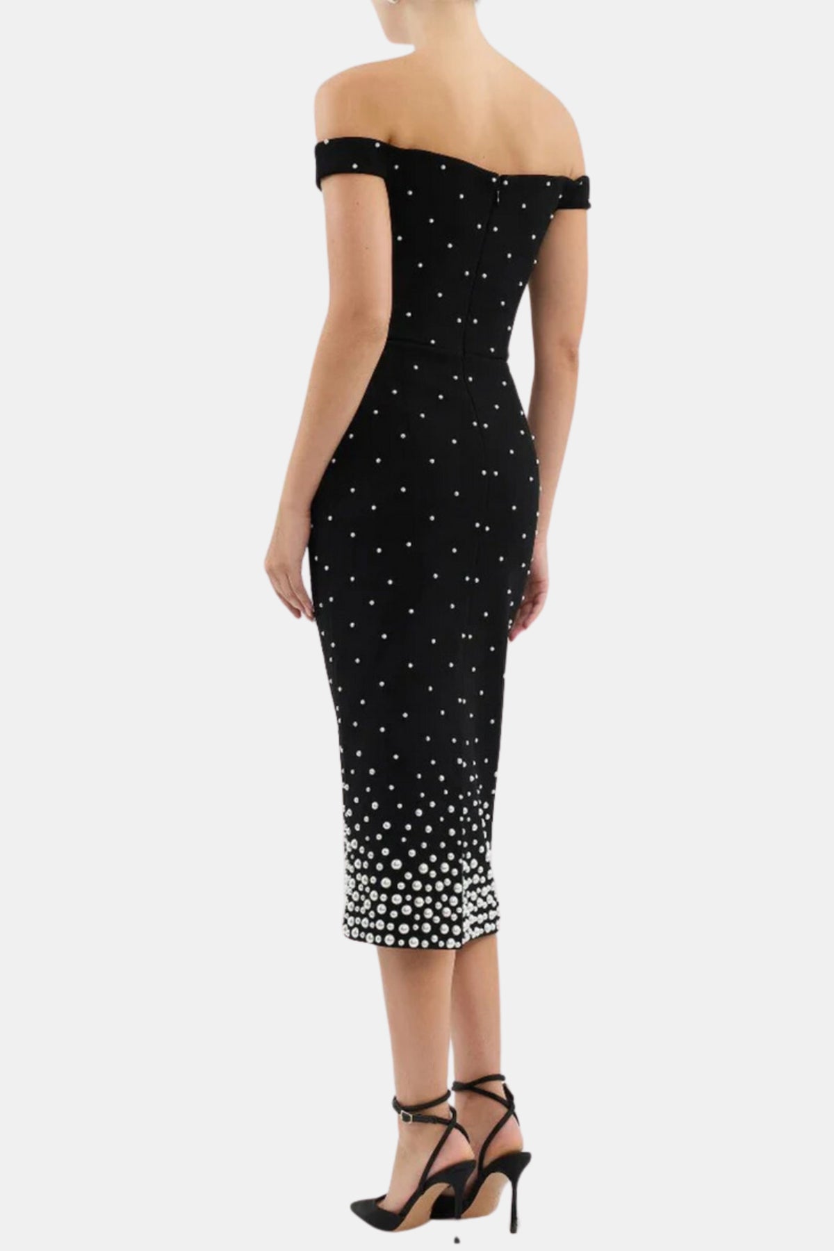 pearl polka dots embellished midi dress in black