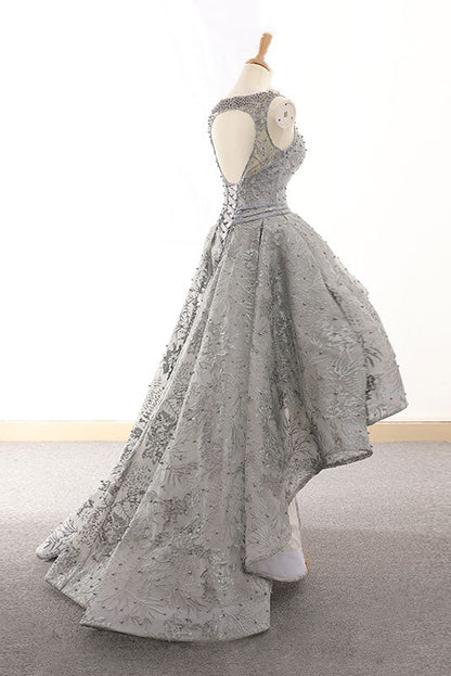 Gray tulle lace high low prom dress