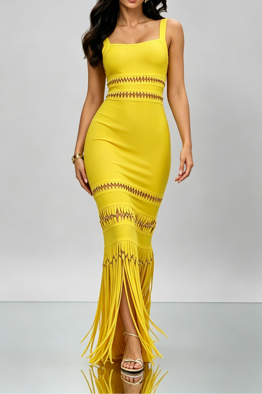 Bright Yellow Square Strap Cutout Fringe Bandage Maxi Mermaid Dress