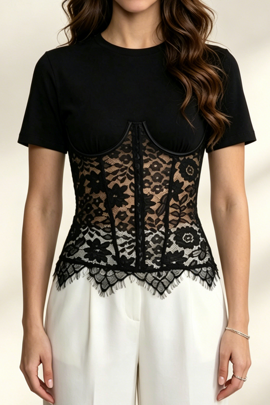 Black Spliced Floral Lace Corset Short Sleeve T-shirt