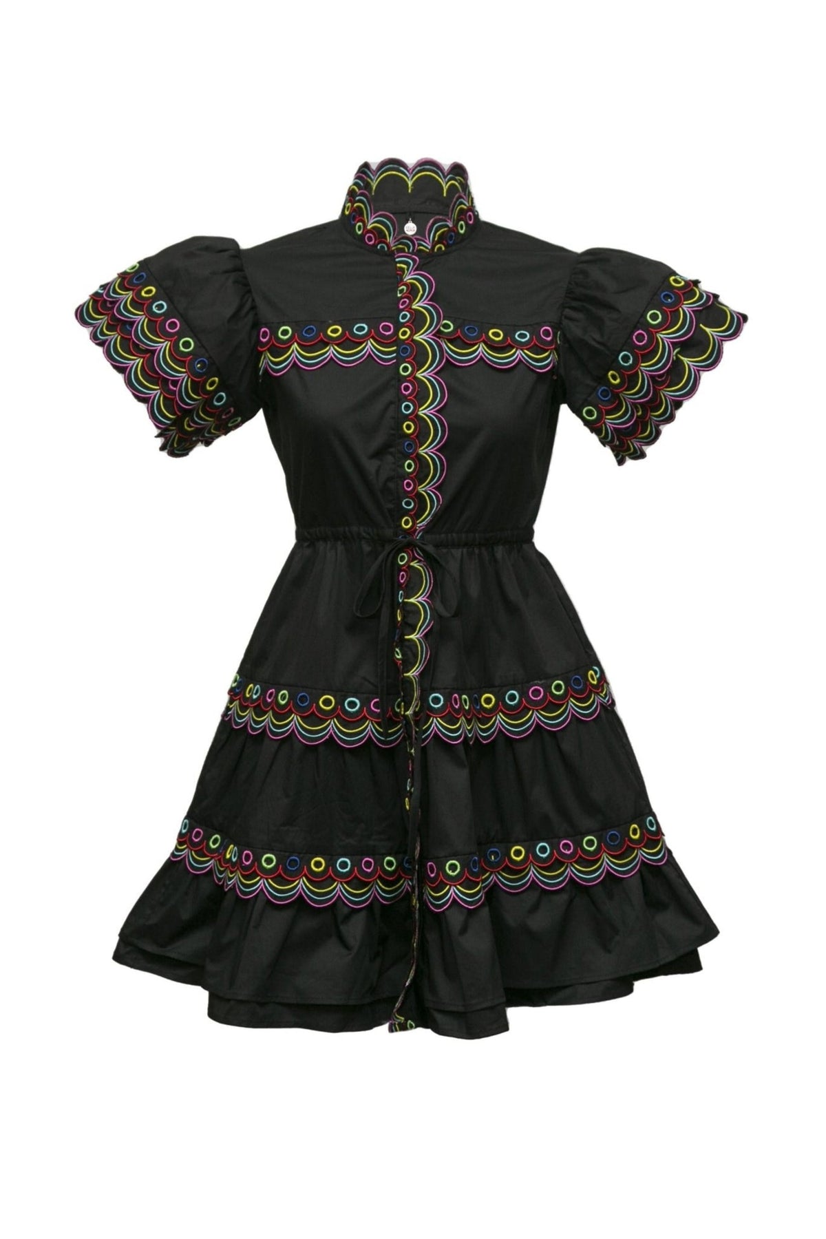 WAVY RUCHED  TRIM MINI DRESS IN BLACK