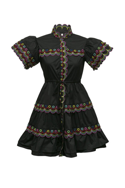 WAVY RUCHED  TRIM MINI DRESS IN BLACK