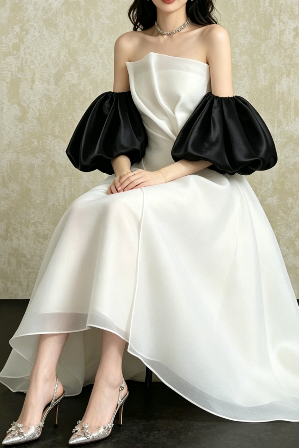 Strapless Layered Organza Midi Dress In White With Giant Puff Bubble Sleeves