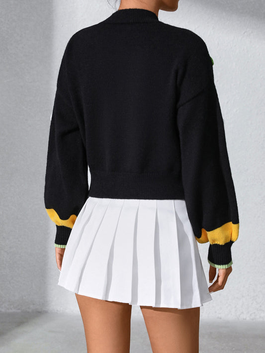 3D Daisy Bee V Neck Long Sleeve Cropped Knit Cardigan