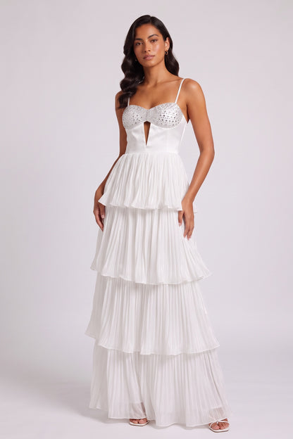 Rhinestone Bustier Tiered Pleated Tulle Maxi Dress