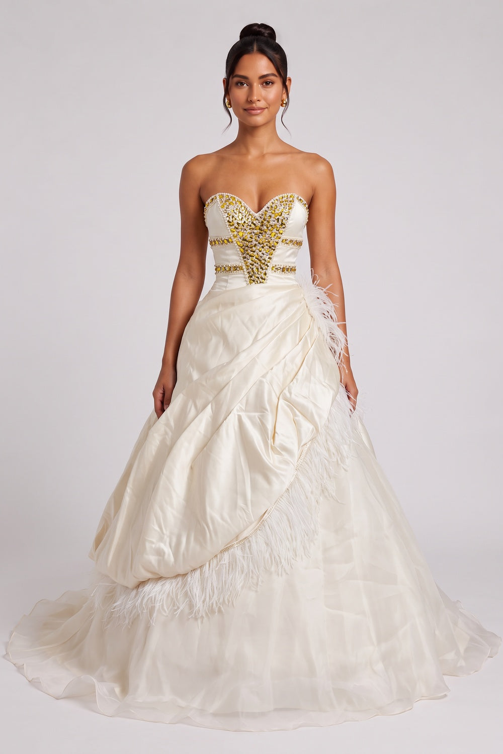 Cream Satin Ballgown Gown with Rhinestone Bodice and Feather Trim cream, ivory satin gown - product view 1