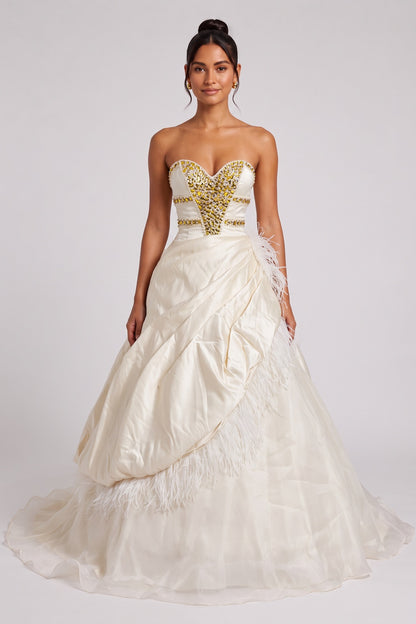 Cream Satin Ballgown Gown with Rhinestone Bodice and Feather Trim cream, ivory satin gown - product view 1
