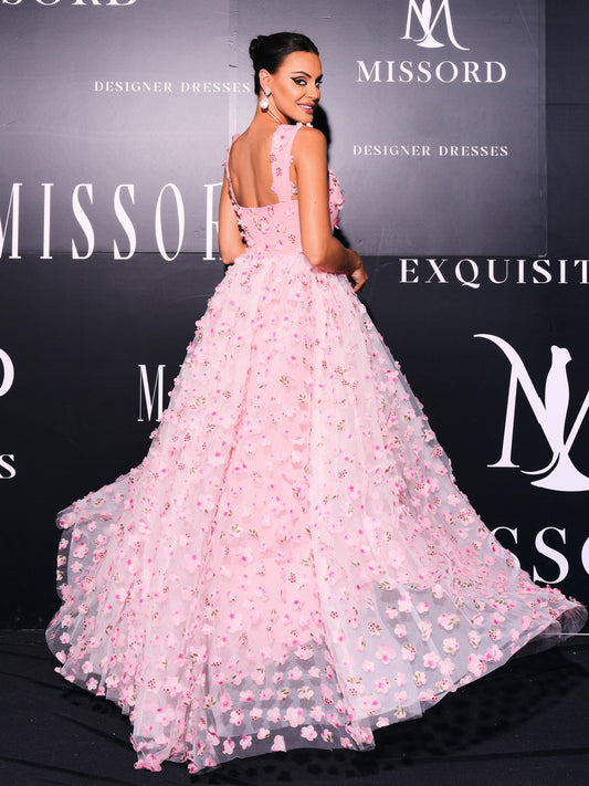 Appliqued Pink Camisole Floral Tulle Dress