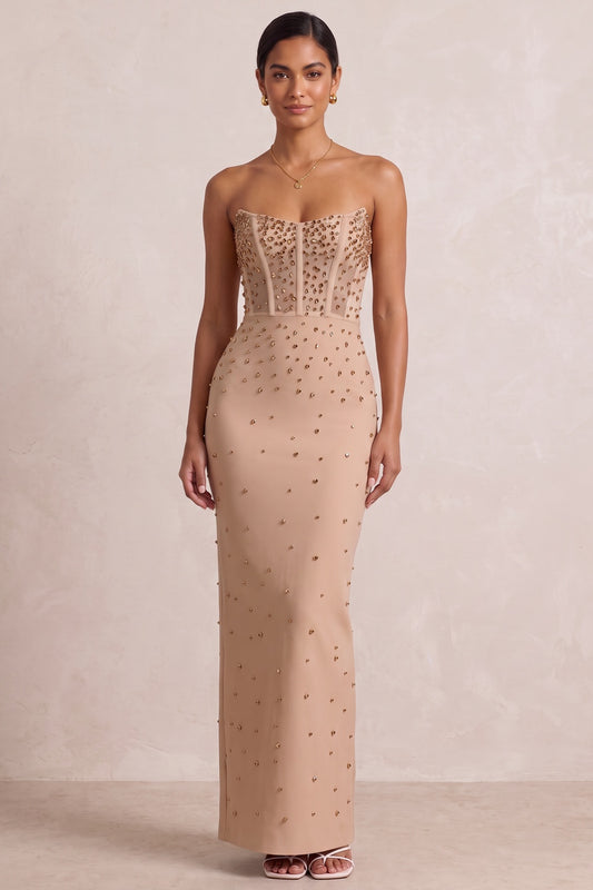 Beige Strapless Studded Maxi Gown Premium Fabric - product view 2