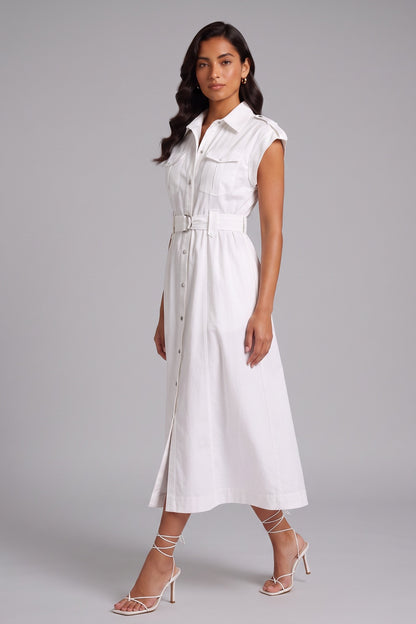 White Cap Sleeve Belted Cargo Pocket Front Split Midi Shirt Dress